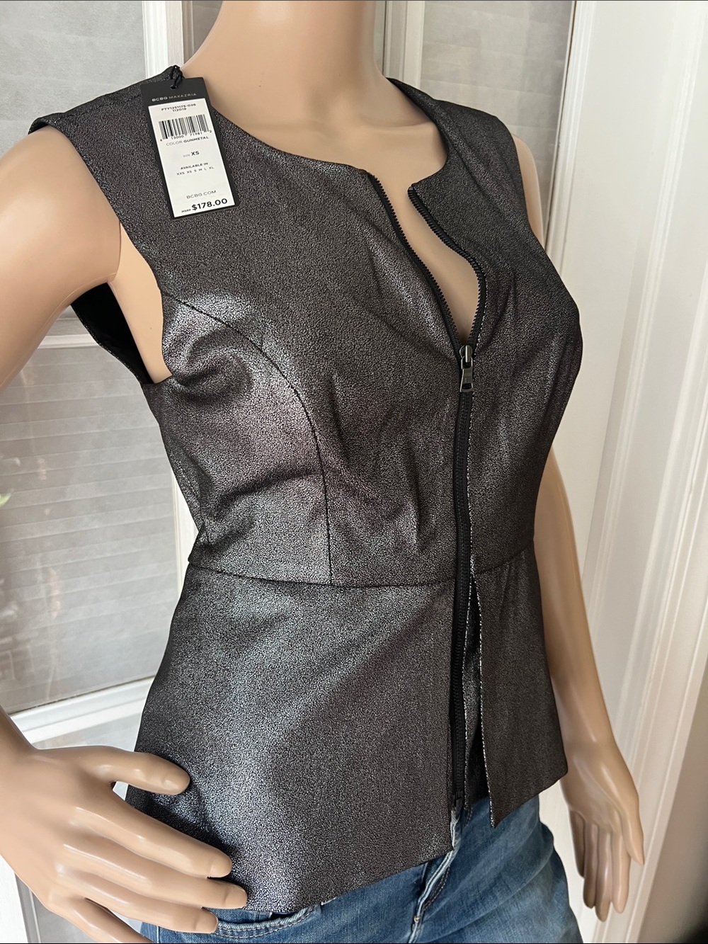 BCBGMaxAzria Shimmery Charcoal Zip-Front Sleeveless Vest
